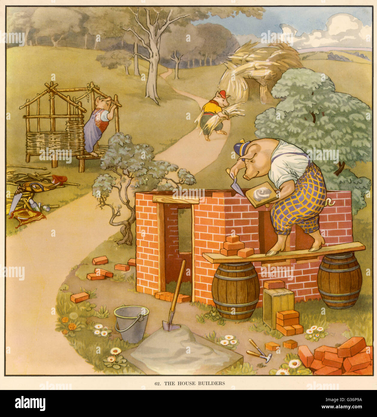 Les trois petits cochons construire leurs maisons en briques, de la paille et des bâtons Photo