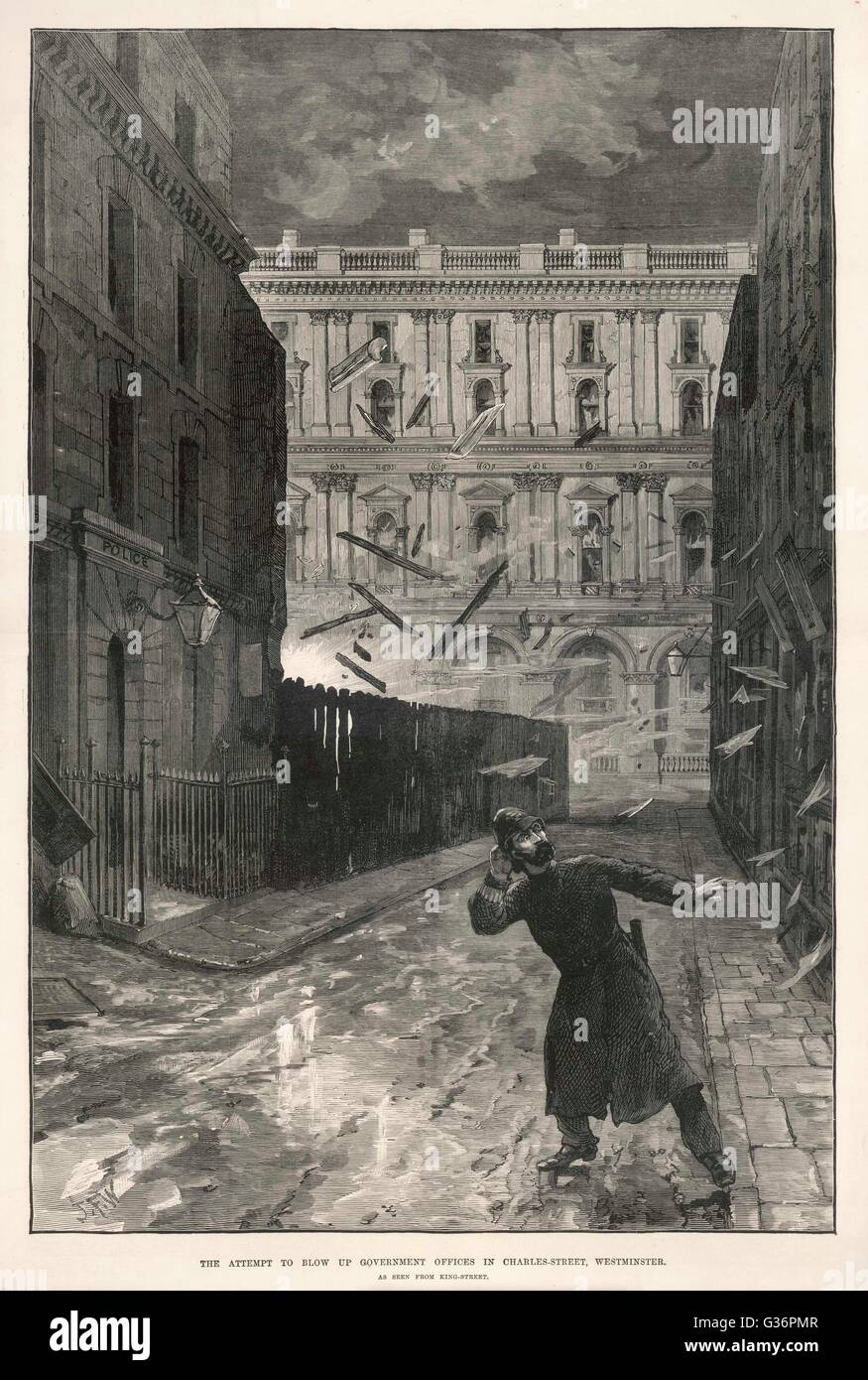 Le terrorisme irlandais à Londres. Fenians tentent de faire exploser les bureaux gouvernementaux de Charles Street, Westminster (vue de la rue King). Date : 1883 Banque D'Images