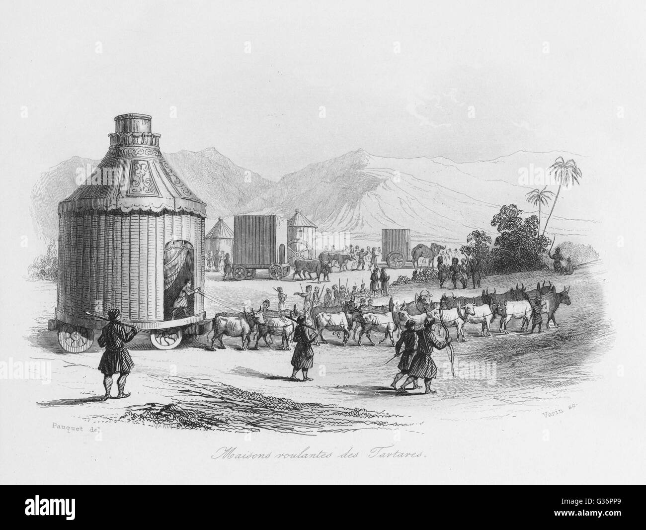 Tentes à roues des Tartares de Crimée, ou un groupe ethnique turc en Russie. Date : 1846 Banque D'Images