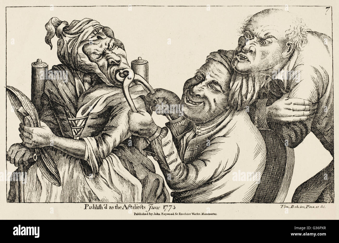 Dimensions d'une dent à l'aide de pinces, tel que décrit par Tim Bobbin (le pseudonyme de John Collier, un caricaturiste et poète satirique basé dans le Lancashire). Date : 1773 Banque D'Images