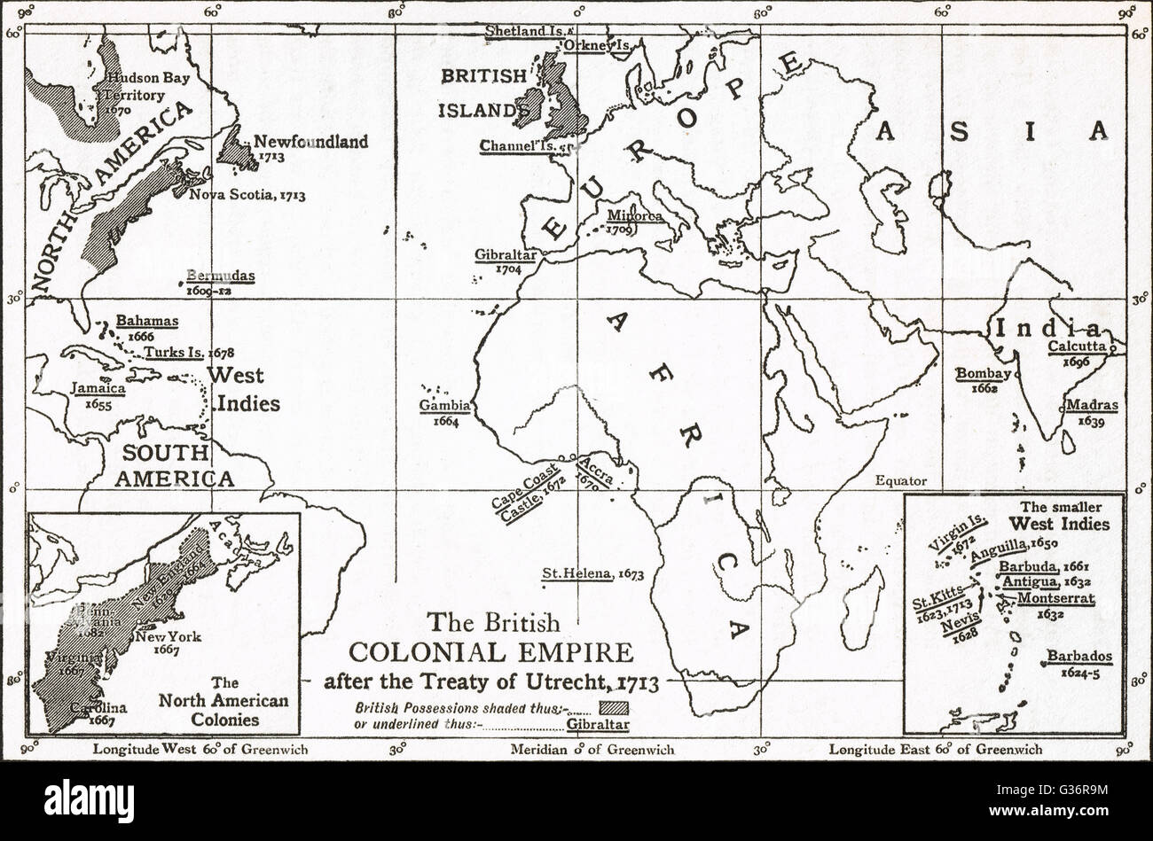 Carte de l'empire colonial britannique après le traité d'Utrecht de 1713 Banque D'Images