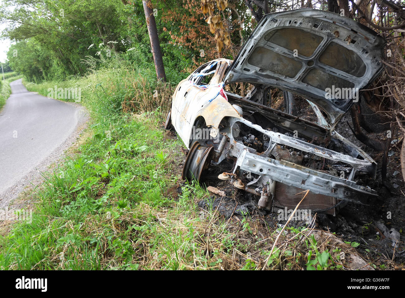 Carcasse de voiture brûlée dans un fossé près de Ashcott en milieu rural Somerset, 8e juin 2016 Banque D'Images