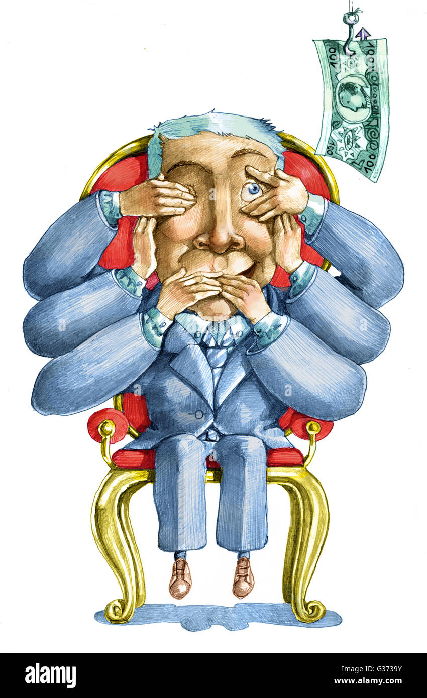 Un homme politique ne veut pas voir ne peut pas entendre ne parle pas, mais se profile un billet qui pèsent sur lui Banque D'Images