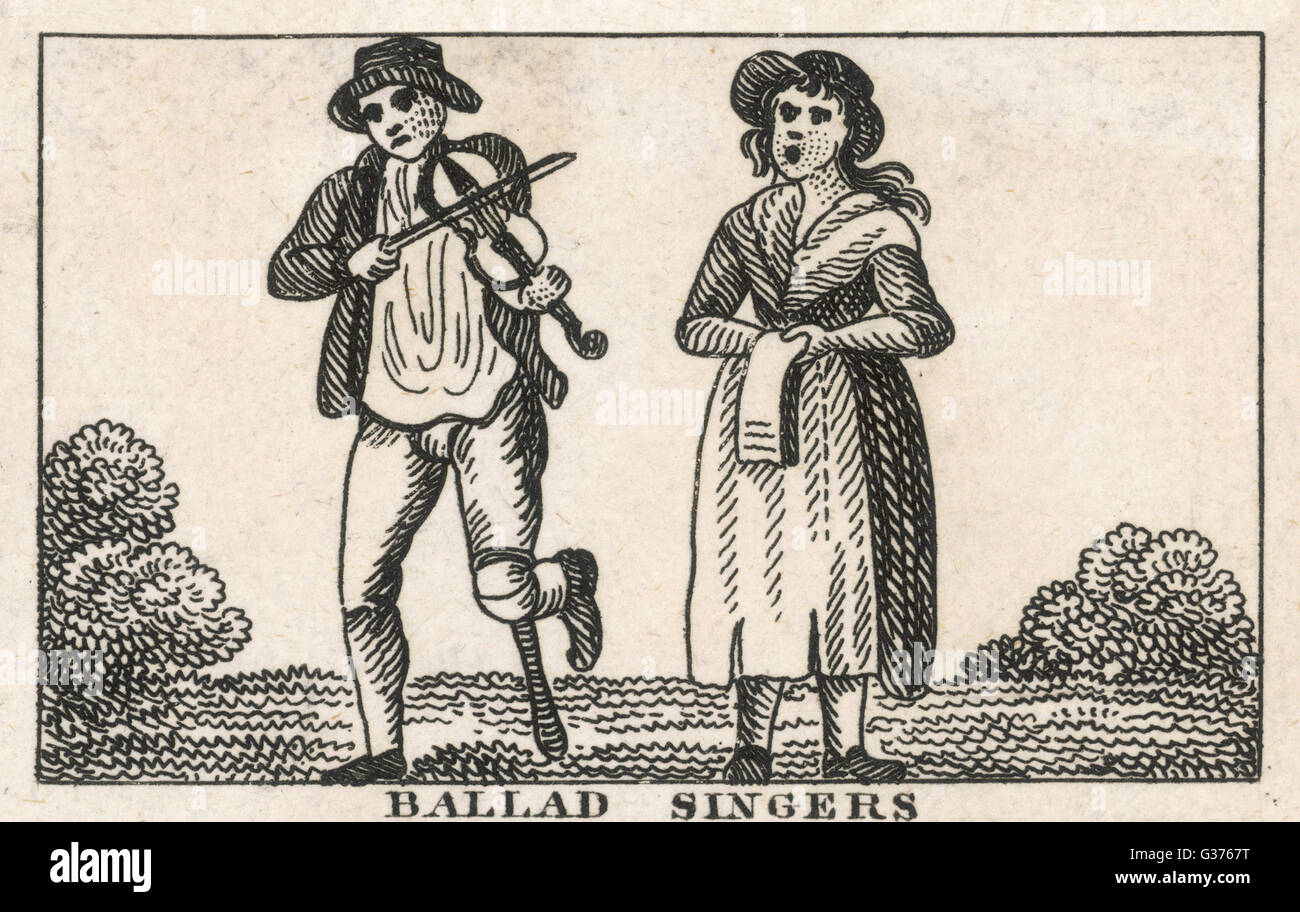 Chanteurs de ballades : l'homme joue du violon et entraves sur sa fausse jambe de bois, tandis que la femme chante à partir de la ballade sheets Date : vers 1790 Banque D'Images