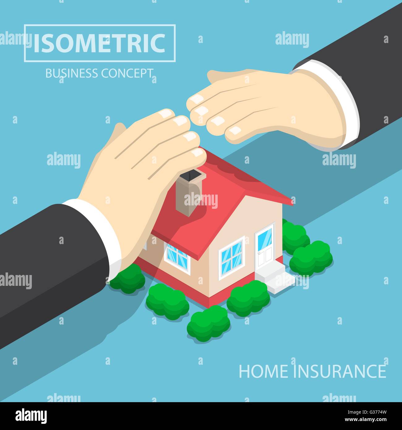 Homme d'isométrique mains protéger la maison, l'immobilier, l'assurance habitation assurance concept Illustration de Vecteur