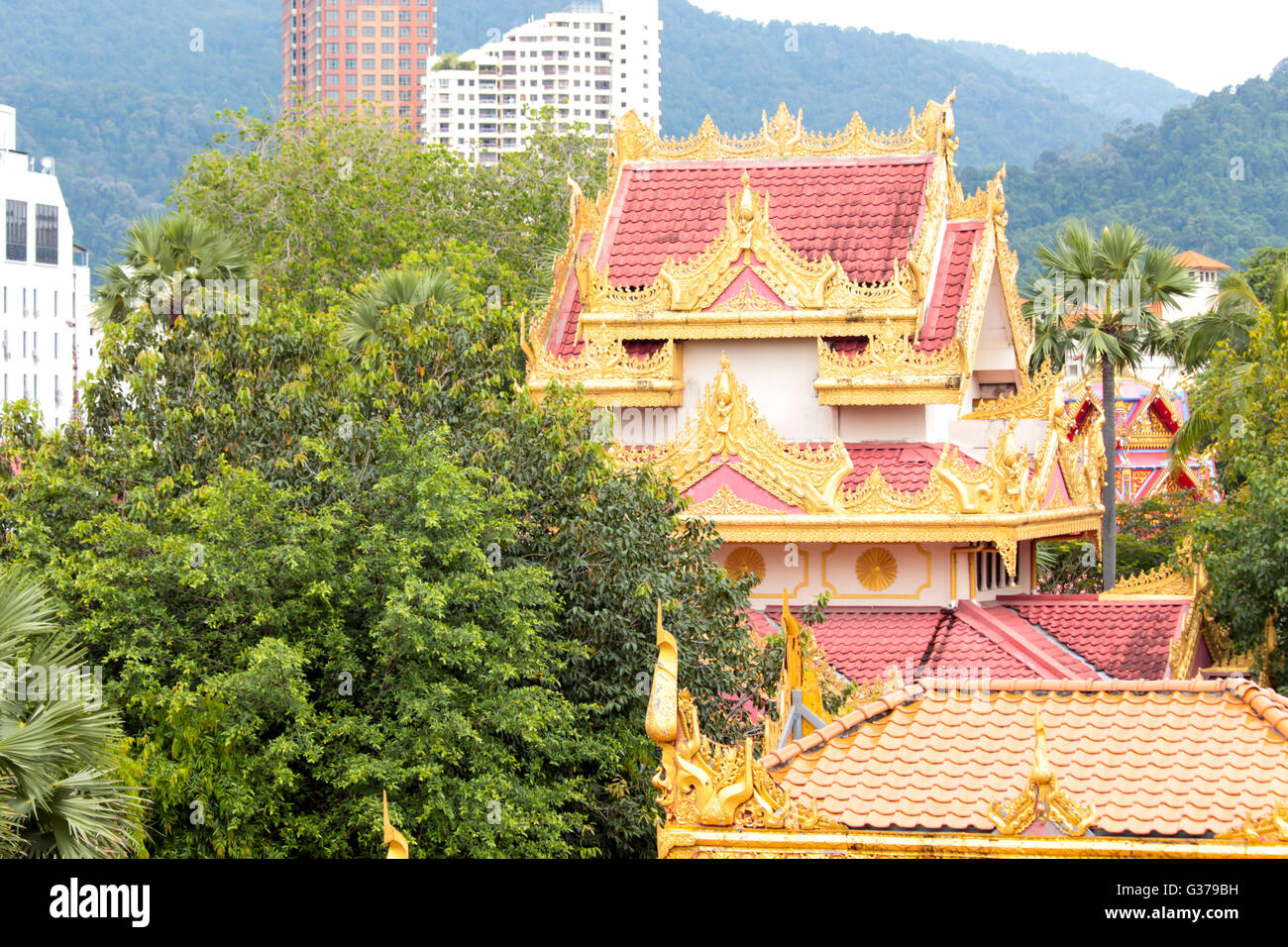 Détails de l'Dhamikarama Temple Birman à Penang, Malaisie Banque D'Images