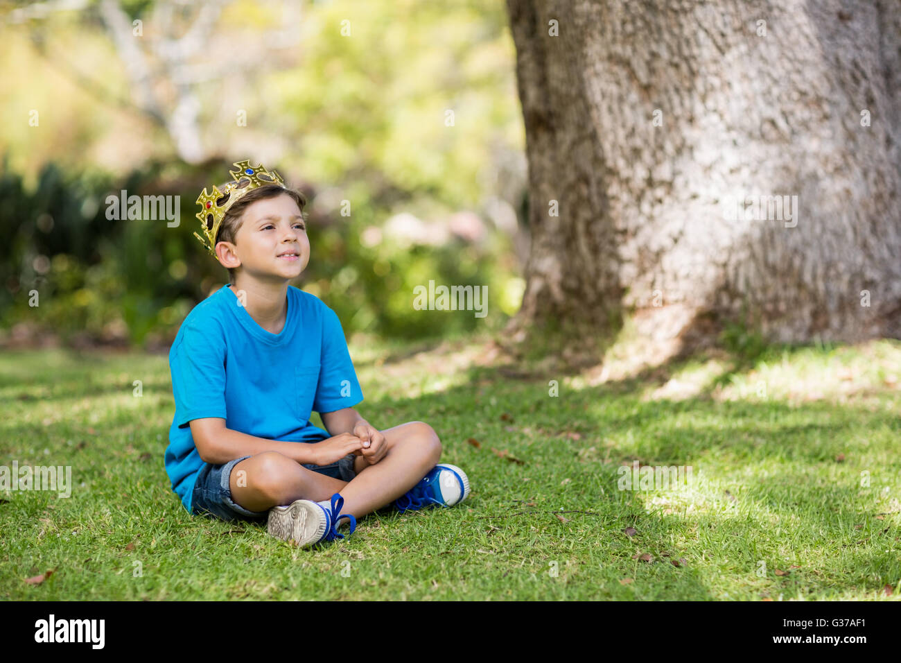 Jeune garçon portant une couronne et sitting on grass Banque D'Images