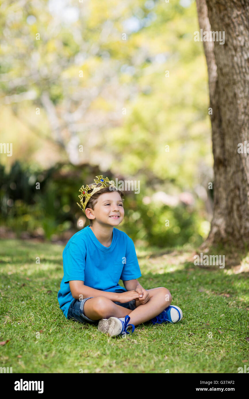 Jeune garçon portant une couronne et sitting on grass Banque D'Images