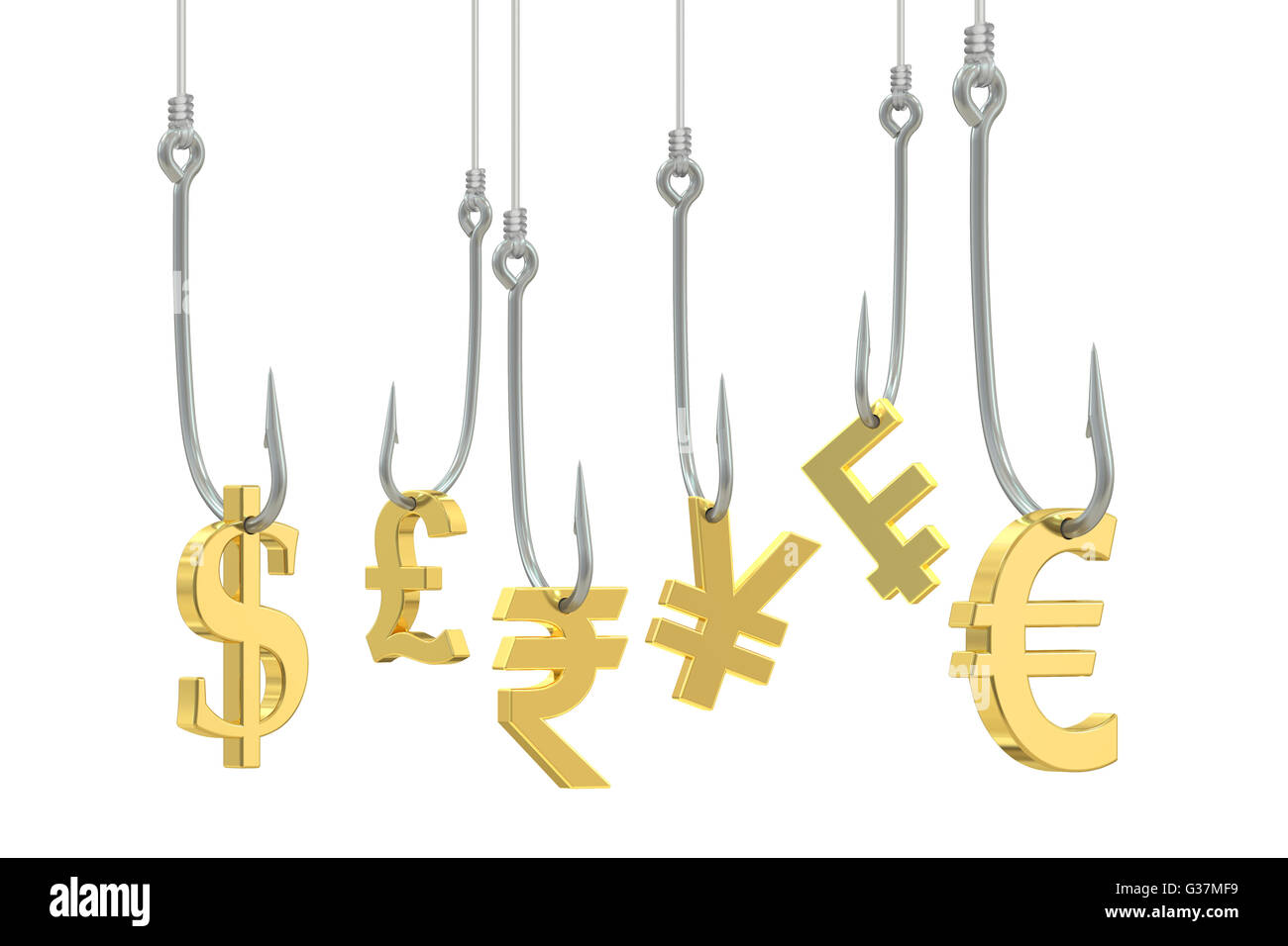 Les hameçons avec des symboles de dollar, euro, livre sterling, yen, franc et rupee, rendu 3D Banque D'Images