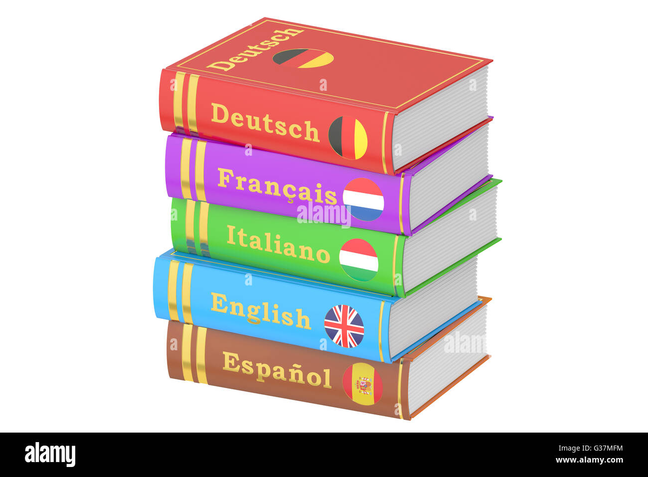 Pile de livres de langues, rendu 3D isolé sur fond blanc Banque D'Images