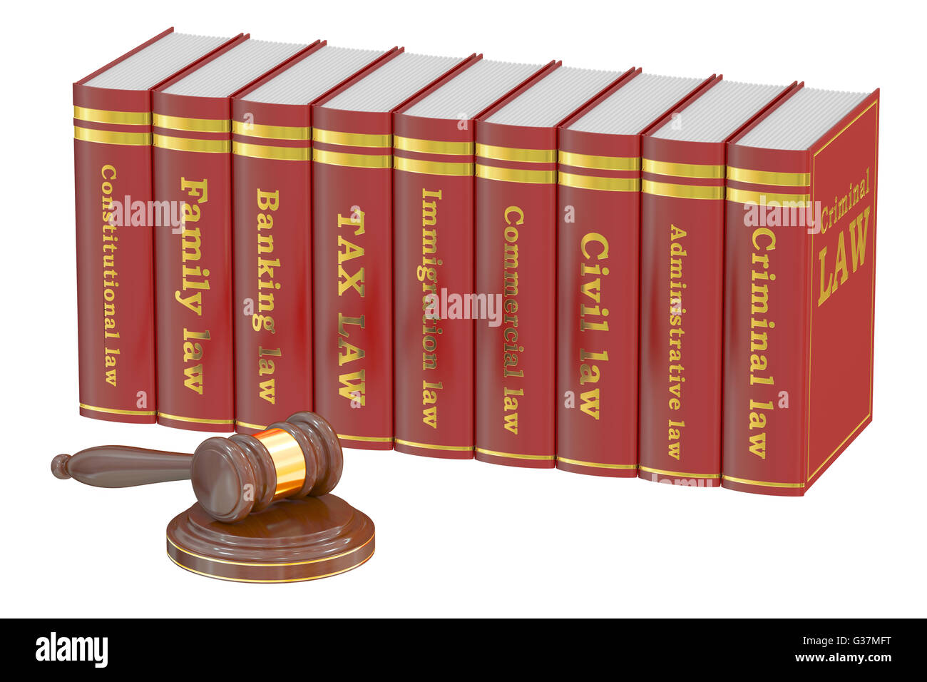 Marteau en bois et ouvrages de droit, rendu 3D isolé sur fond blanc Banque D'Images