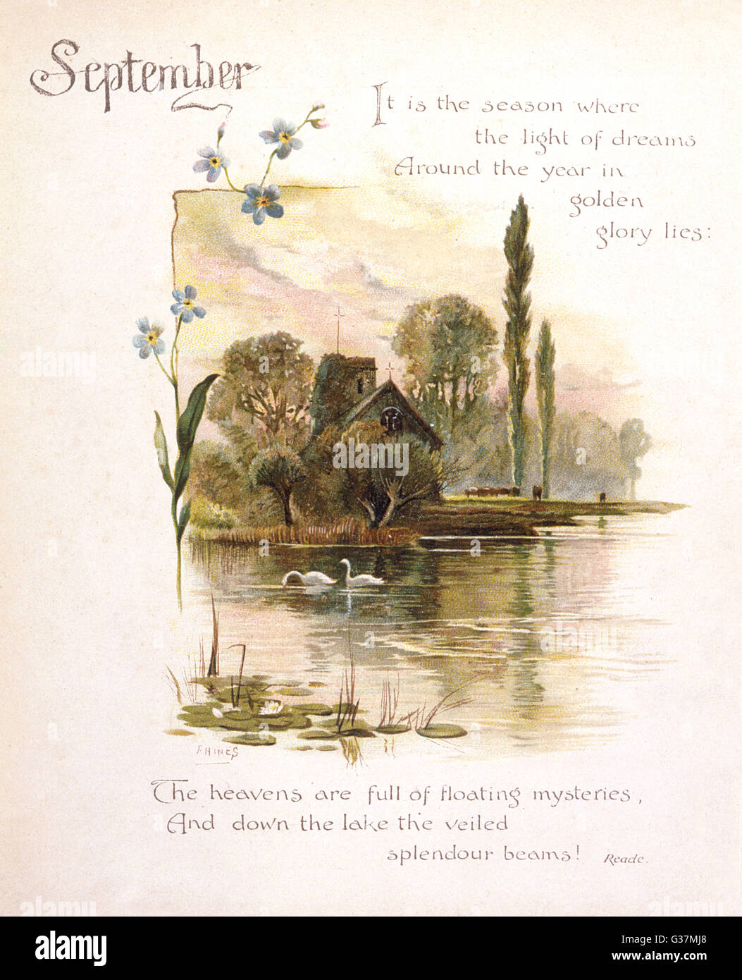 Illustration de livre -- septembre, avec des cygnes sur une rivière. Date : vers 1880 Banque D'Images