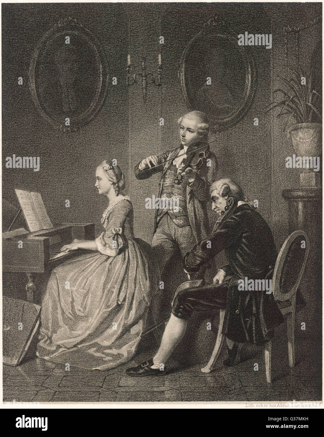 La musique de chambre, un trio pour clavecin et cordes. Date : 18e siècle Banque D'Images