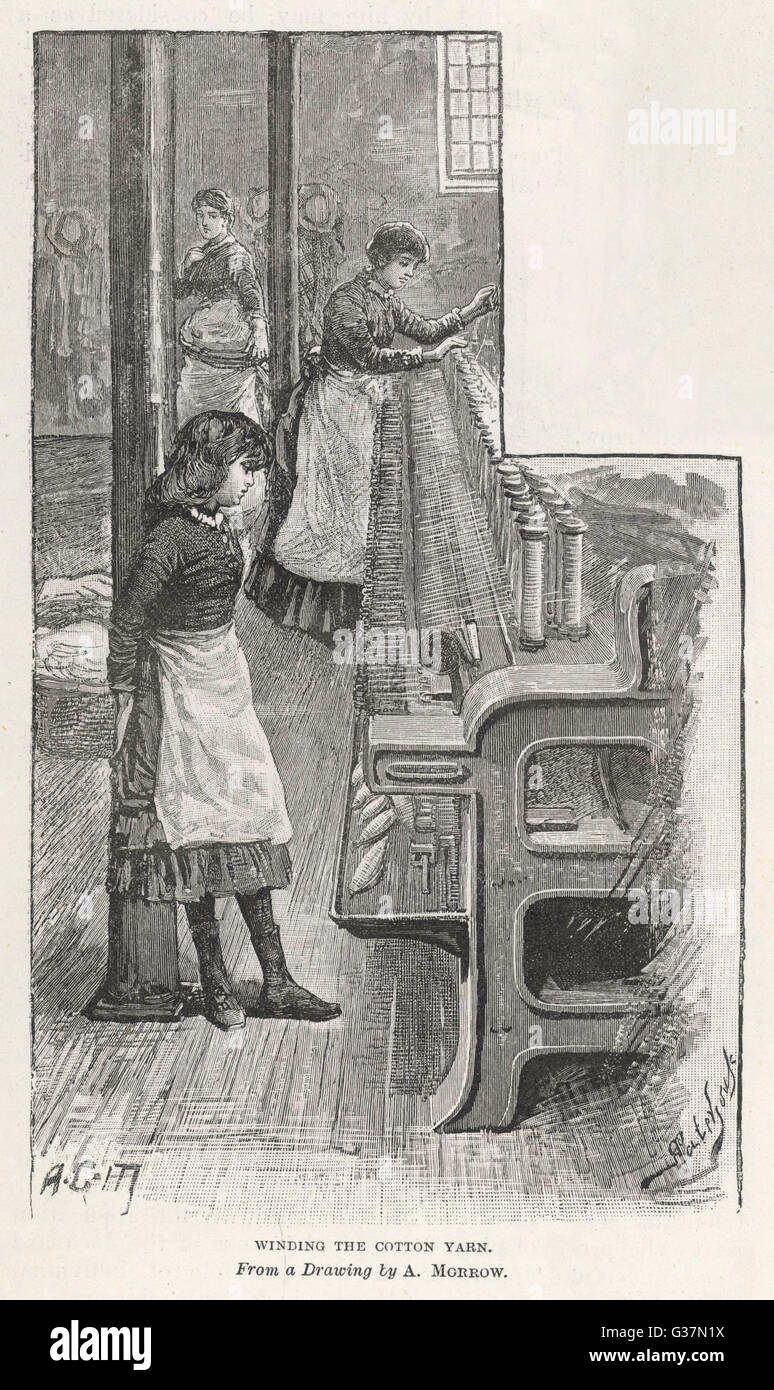 Le travail des enfants en Angleterre : une jeune fille occupe des fils de coton à Birkin's fabrique de dentelle à Kimberley, près de Nottingham Date : 1884 Banque D'Images