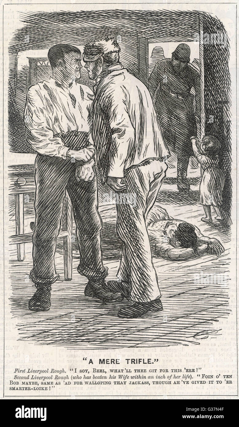 Batteur de femme stupide confiant d'un traitement clément par le système juridique. Date : 1875 Banque D'Images