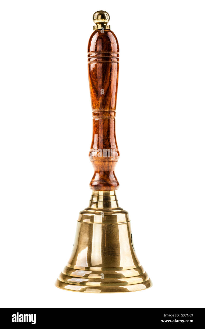Un golden hand bell isolé sur fond blanc Banque D'Images