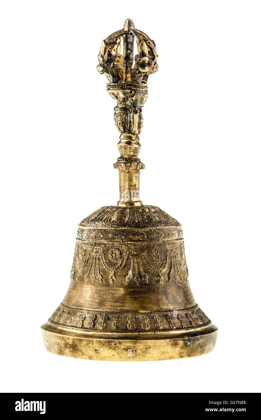 Un bouddhiste bronze bell main isolé sur fond blanc Banque D'Images