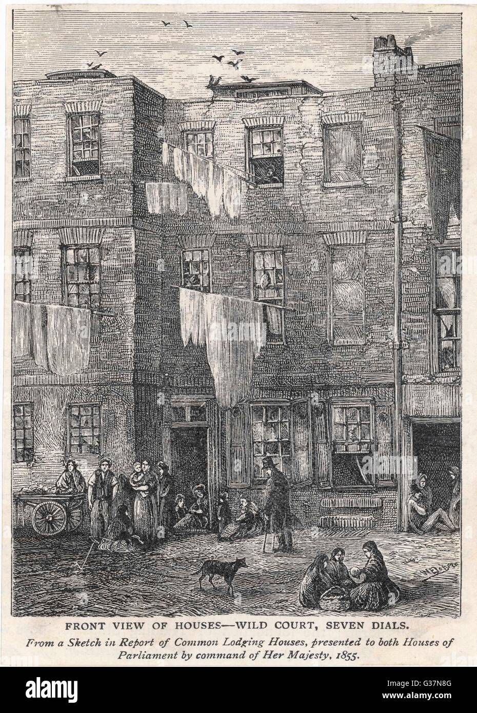 Dans la Cour, Wild Seven Dials district de Londres, connu comme l'un des bidonvilles les plus dangereux de Londres. Date : vers 1855 Banque D'Images