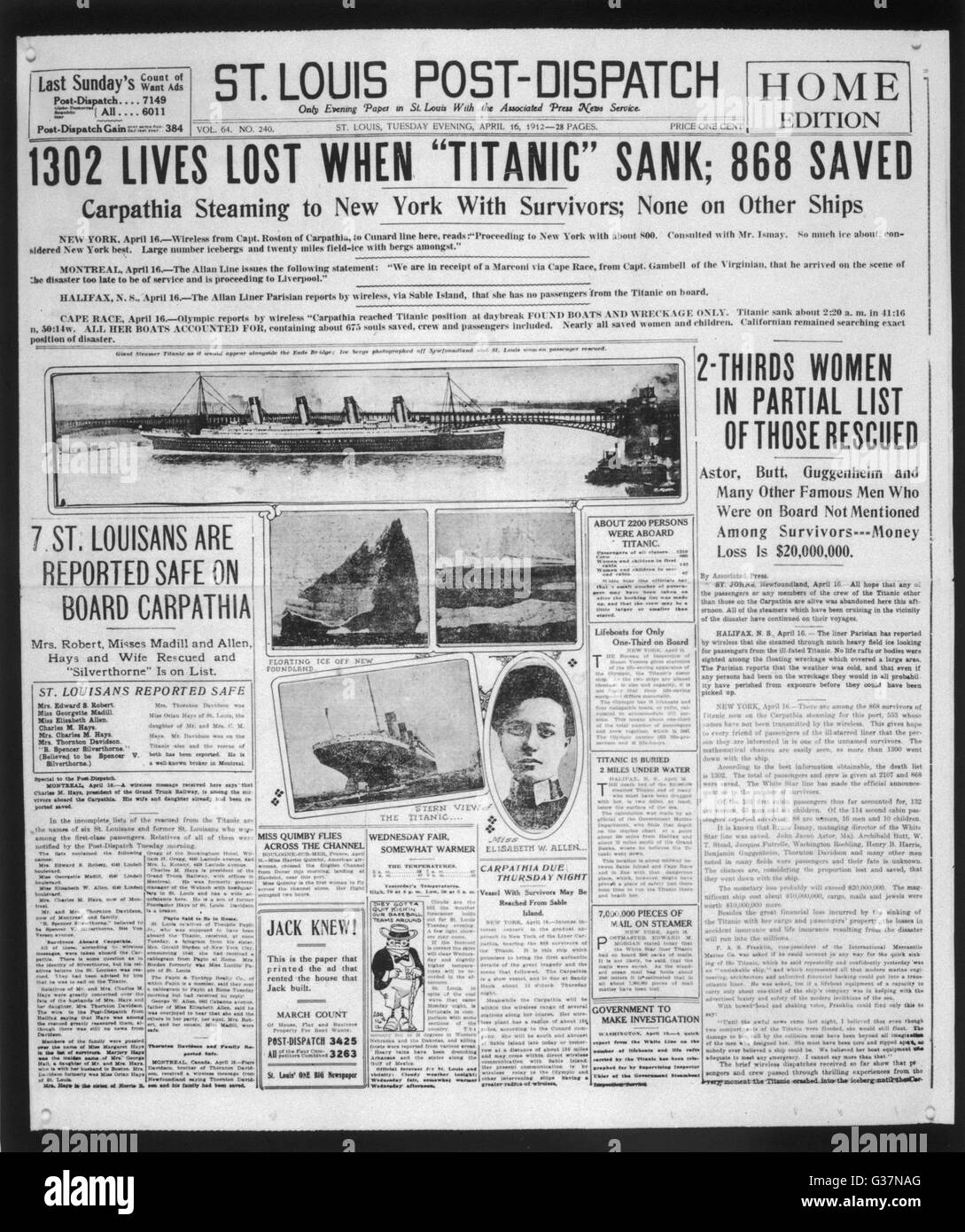 Naufrage des titres du journal Titanic Banque D'Images