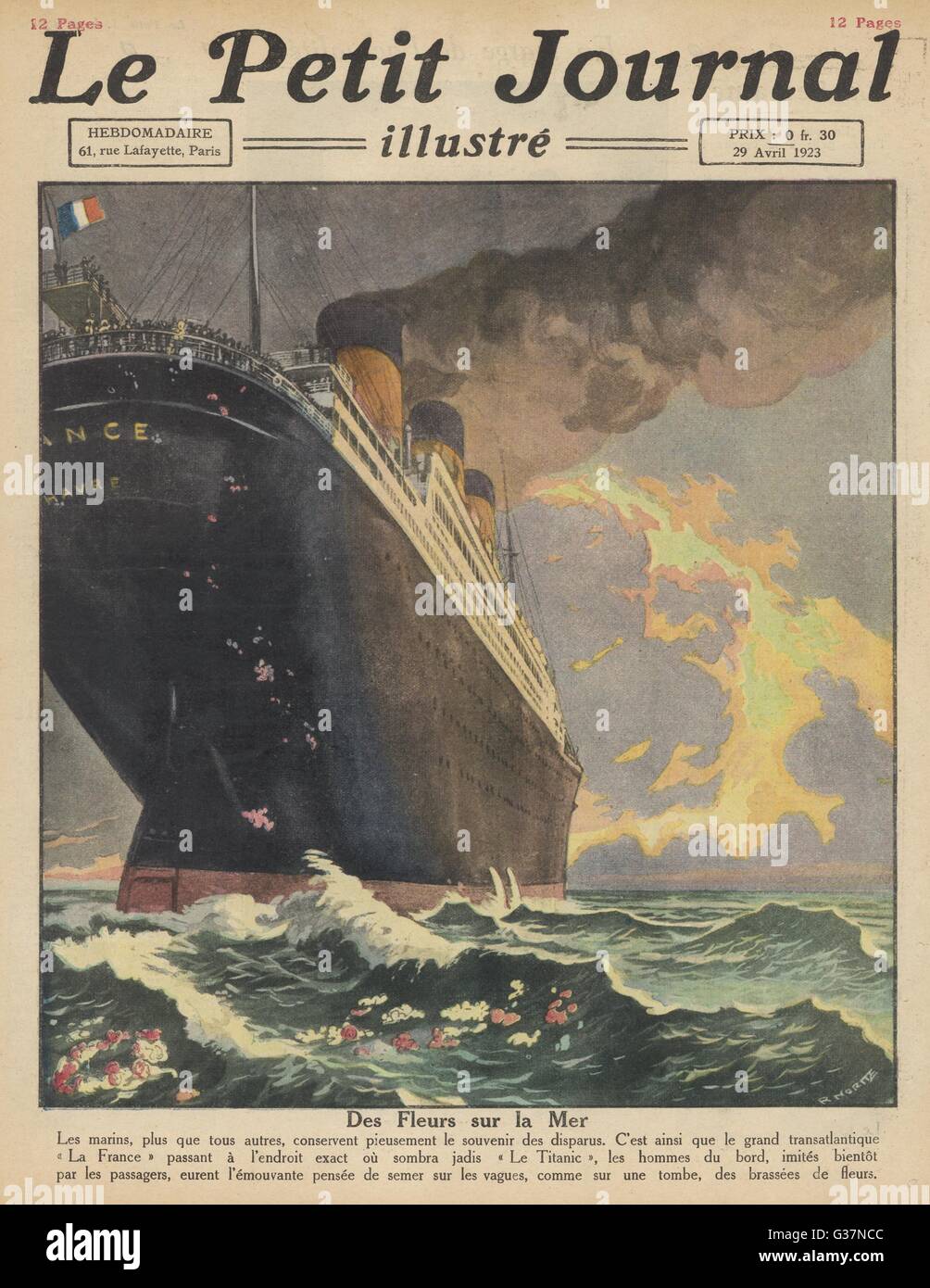 Le S S FRANCE laisse un hommage floral à ceux qui ont été perdus sur la SS Titanic en 1912. Date : 1923 Banque D'Images