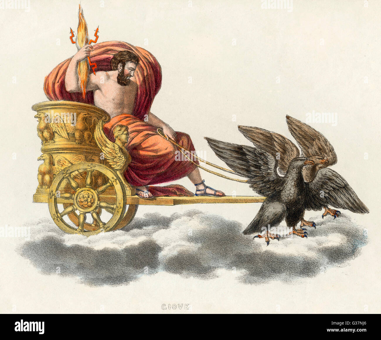 Zeus, porteur d'une poignée d'éclairs, dans son chariot d'or dessiné par les aigles Banque D'Images