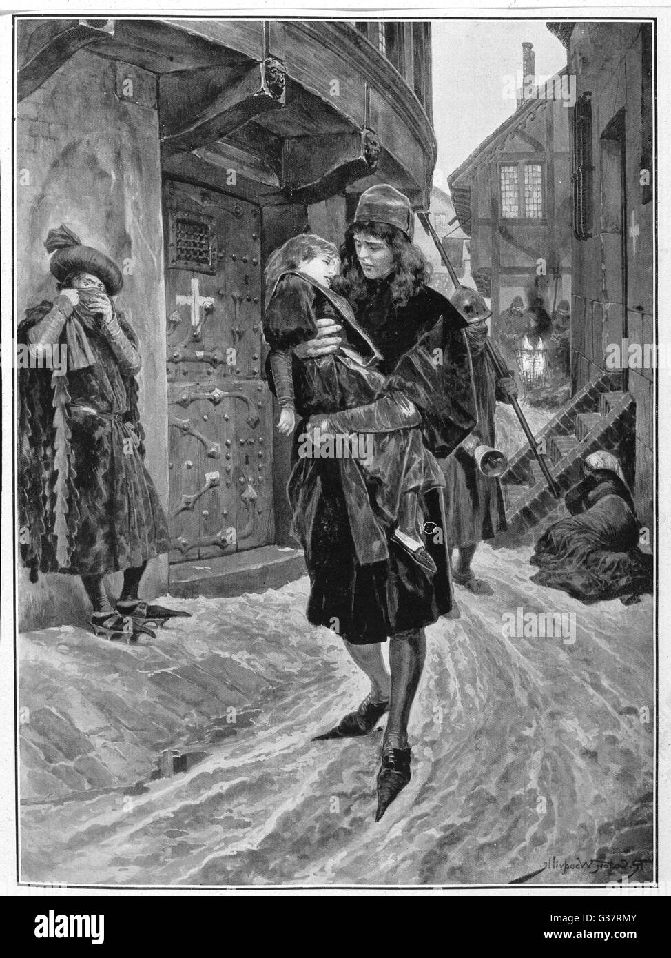 La Mort Noire à Londres un homme porte un enfant atteint de la peste Date : 1349 Banque D'Images