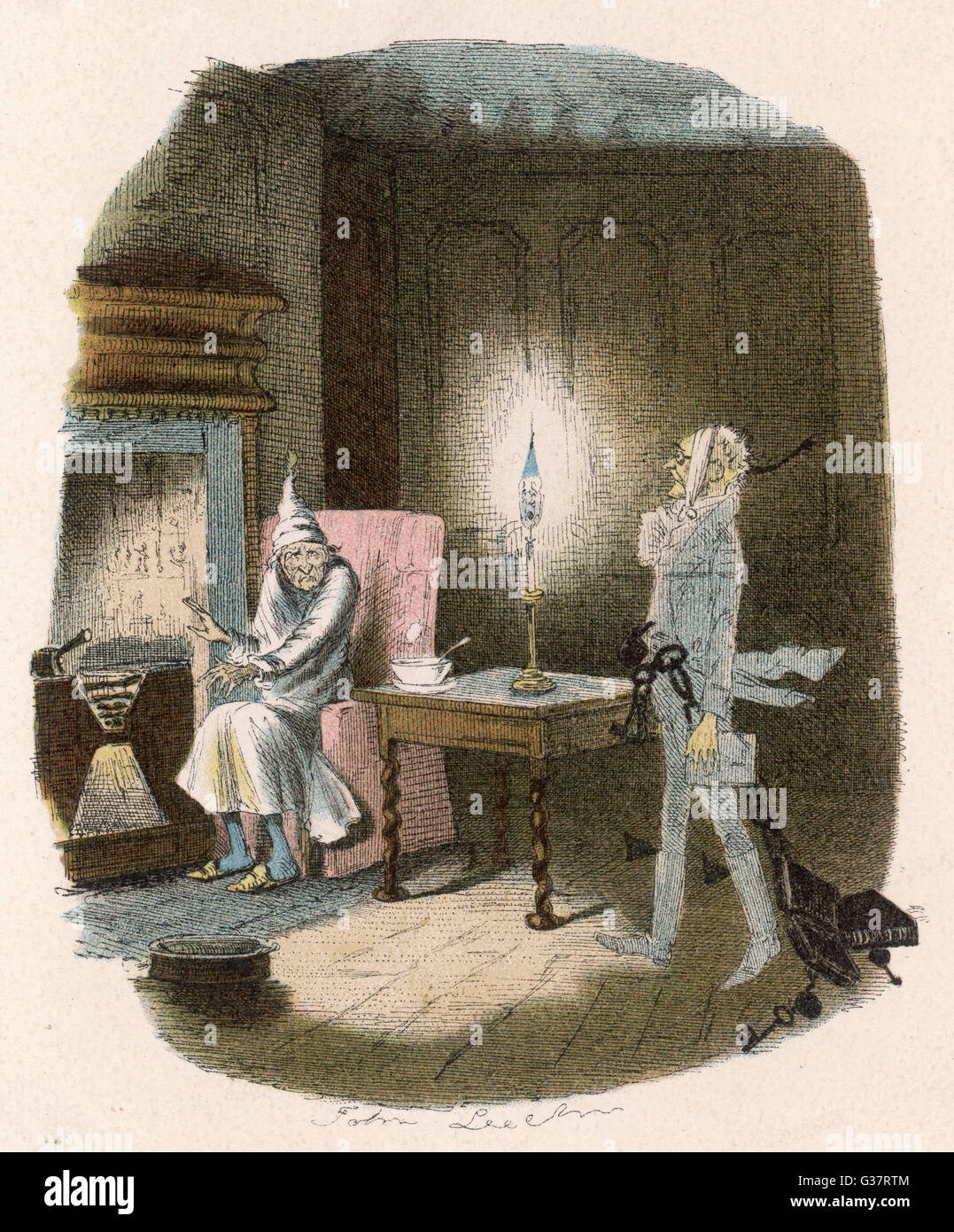 Scrooge reçoit la visite du fantôme de Jacob Marley, son ancien partenaire d'affaires. Date : Première publication : 1843-44 Banque D'Images