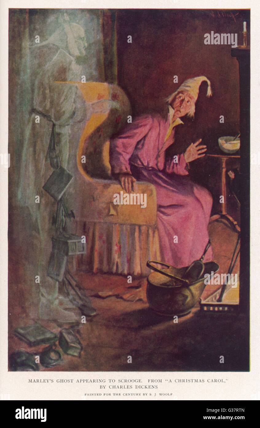 Scrooge reçoit la visite du fantôme de Jacob Marley, son ancien partenaire en affaires Date : Première publication : 1843-44 Banque D'Images