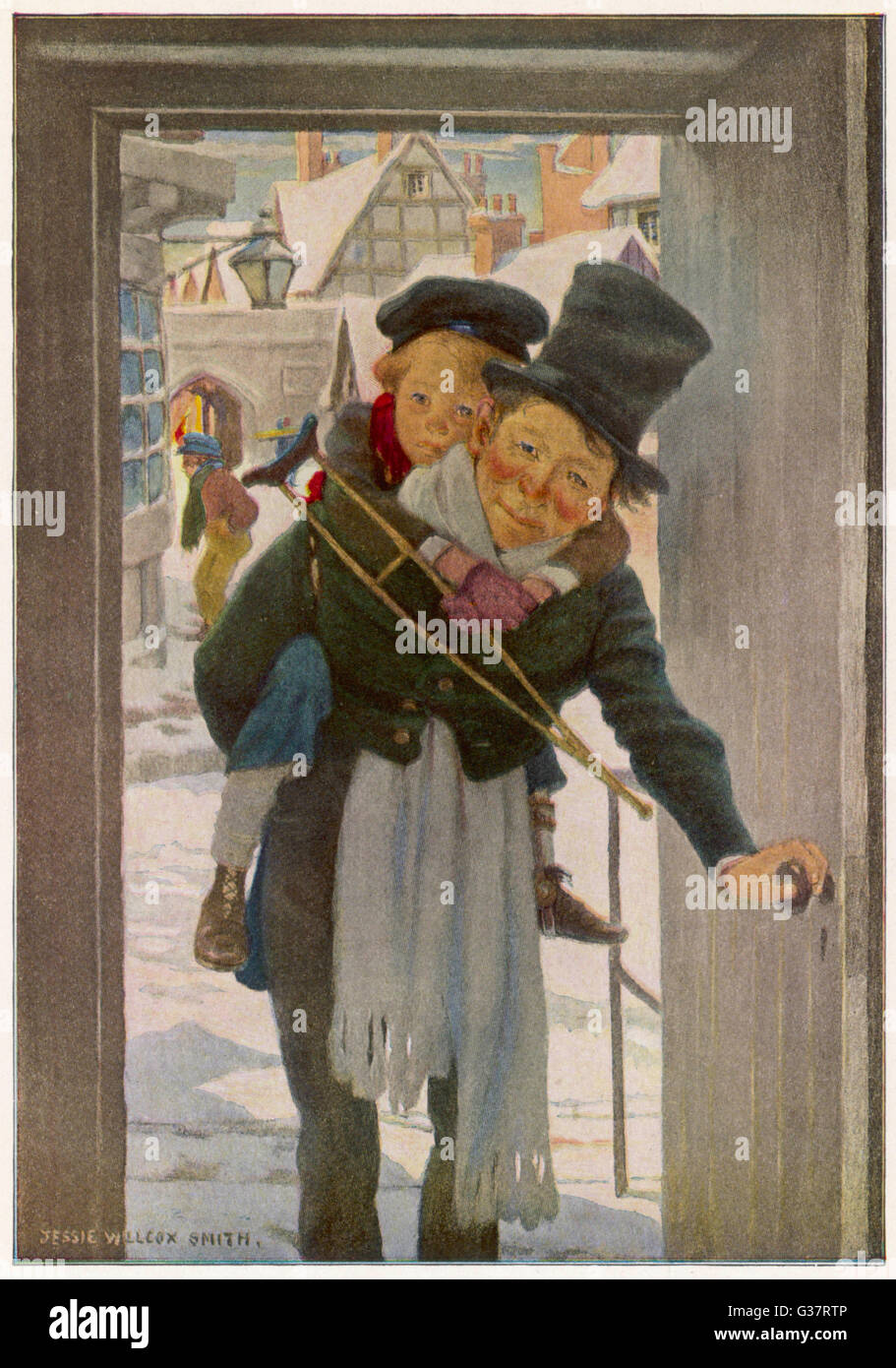 Bob Cratchit avec 'Tiny Tim', son plus jeune fils Date : Première publication : 1843-44 Banque D'Images