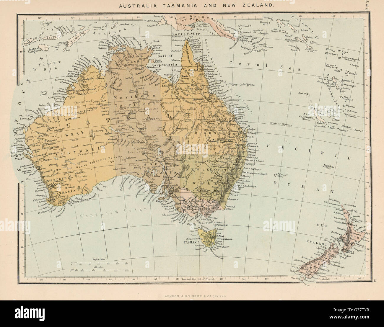 Carte montrant l'Australie, la Tasmanie, la Nouvelle-Zélande et les îles voisines Date : vers 1890 Banque D'Images