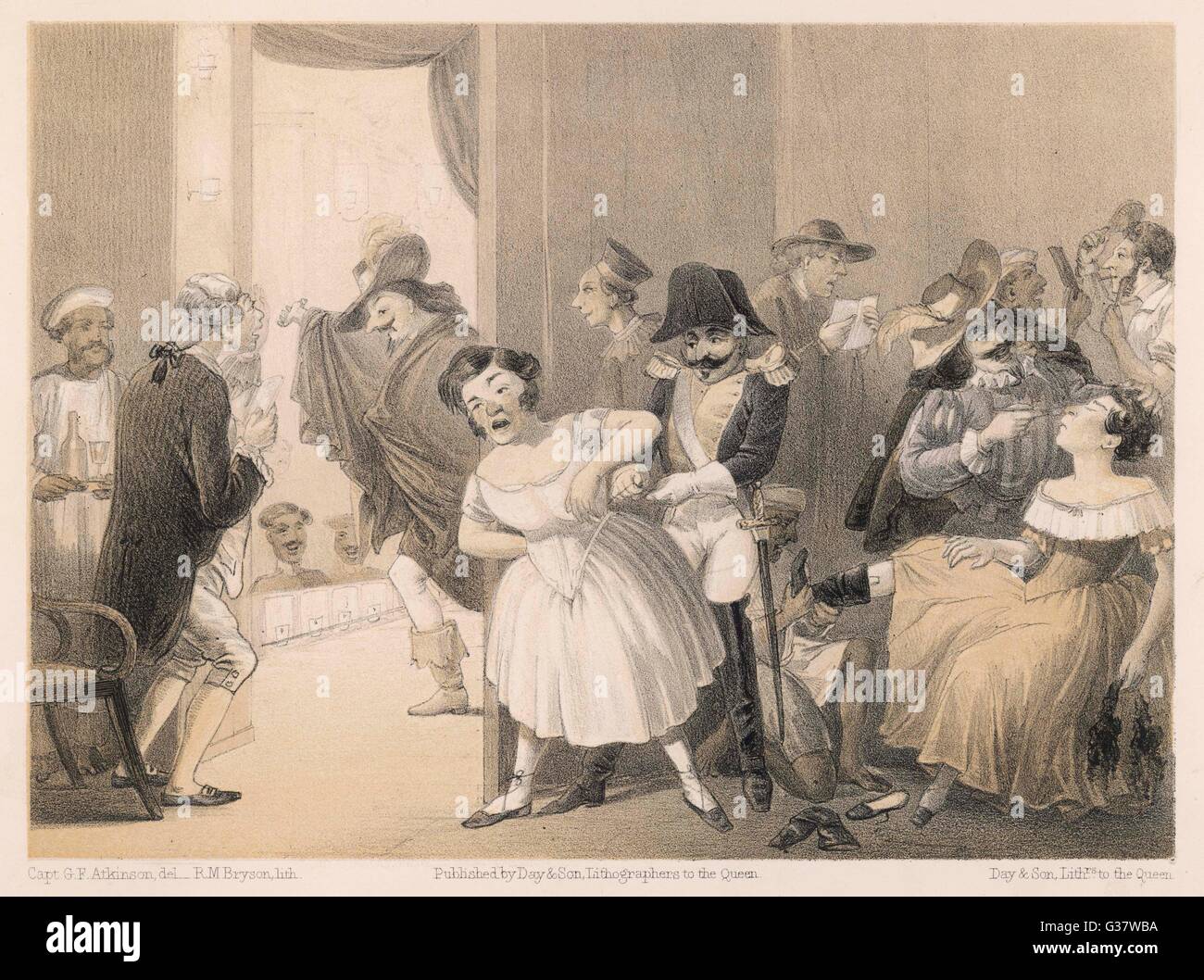 Théâtre amateur sur une station britannique - la préparation pour une exécution par lacage des corsets, appliquant le maquillage etc., de curry et riz (sur quarante Plaques) par le capitaine Geo. F. Atkinson. Date : 1860 Banque D'Images