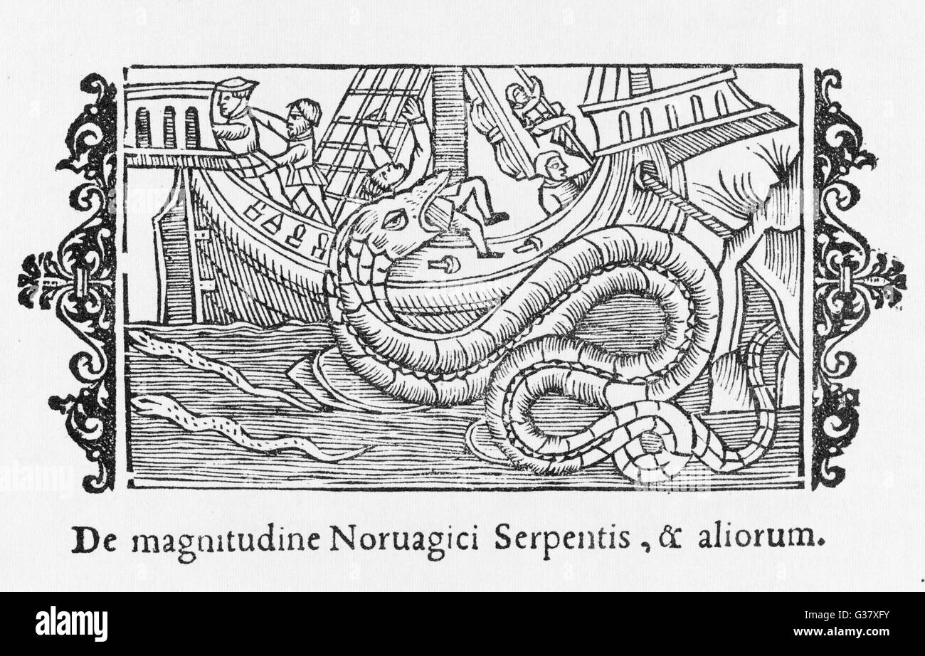 Le grand serpent de mer saisit un membre de l'équipage du pont d'un navire, même si elle est mouillée au large de la côte norvégienne Date : 1555 Banque D'Images