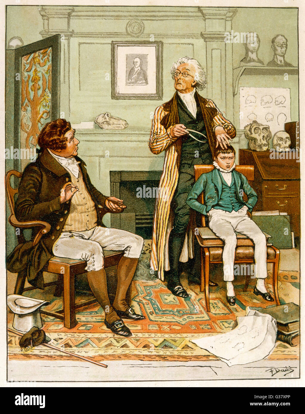 "Le garçon-ce que deviendra-t-il ?' un dans son phrénologue consulting, l'examen d'un crâne du garçon. Date : vers 1830 Banque D'Images