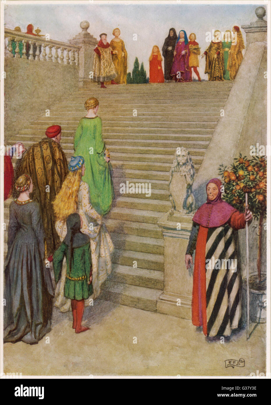 Dante Alighieri jeune(1265-1321) Première rencontre avec Béatrice(il est le  petit garçon au premier plan, elle la petite fille en haut de l'escalier  Photo Stock - Alamy