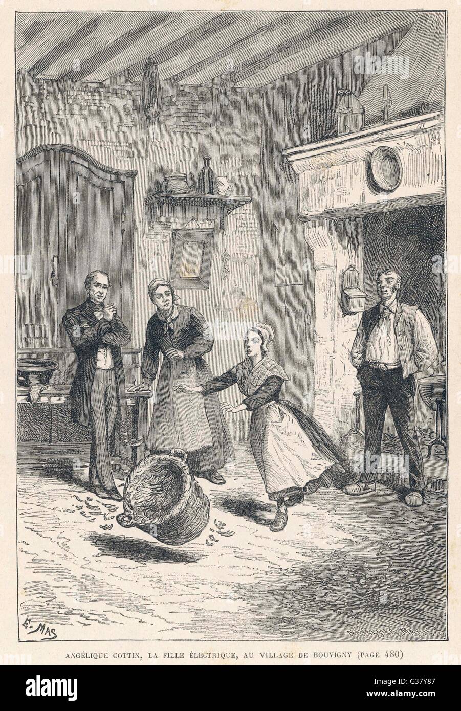 Angélique Cottin, 'electric girl' de Bouvigny, observé par un médecin local, repousse les paniers, les meubles et autres objets, avec sa puissance mystérieuse. Date : 1846 Banque D'Images