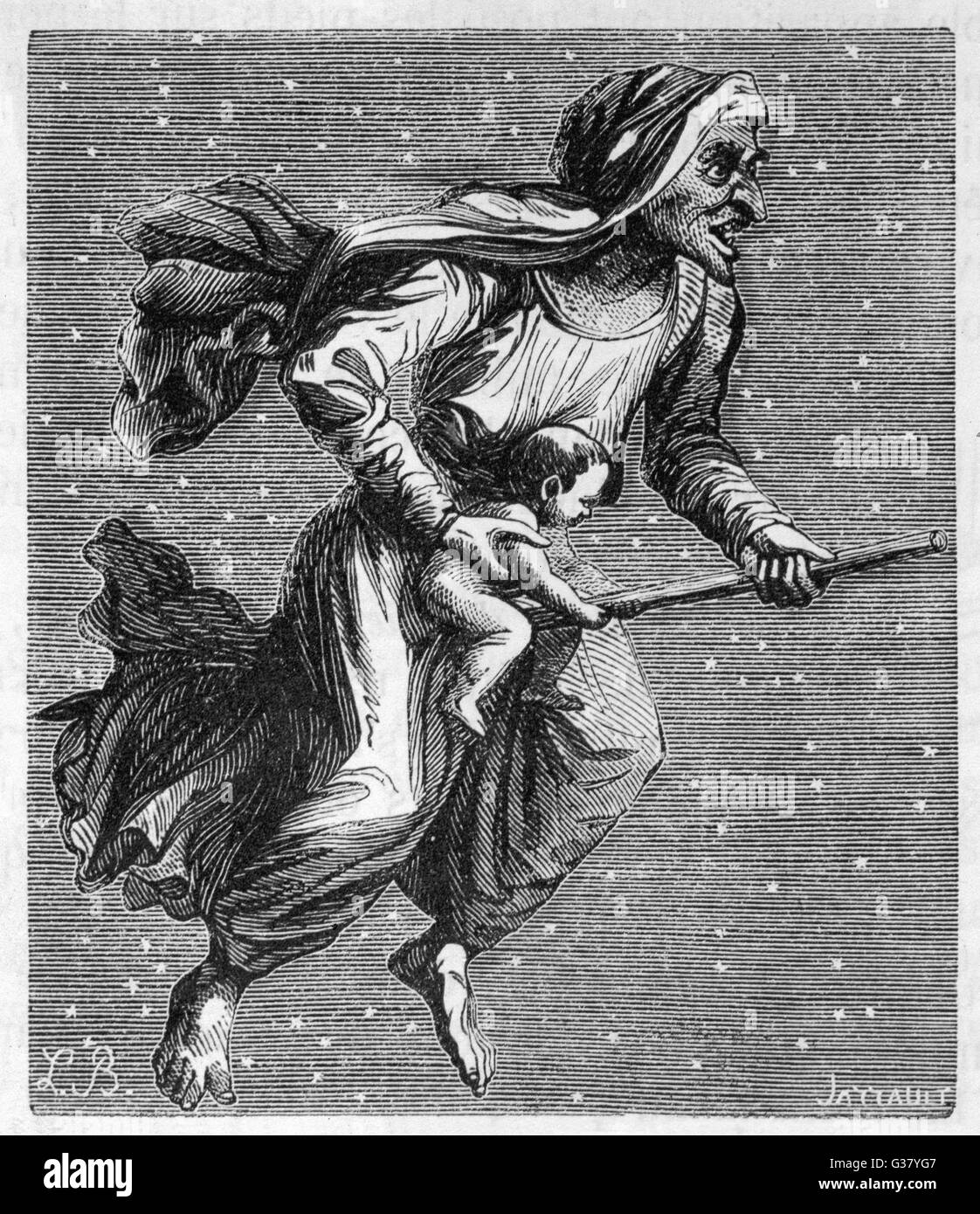 Une sorcière à travers le ciel étoilé sur son balai, transportant un bébé qu'elle a emprunté à sa maman. Banque D'Images