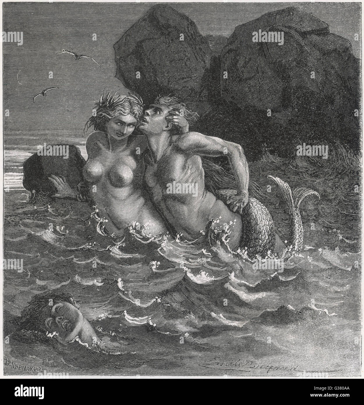 Une sirène s'enroule sa queue autour de l'amant et le traîne à sa perte Date : 1919 Banque D'Images