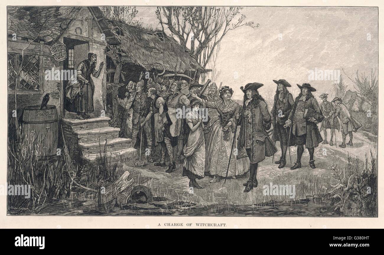 Une vieille femme cottage anglais est accusé de sorcellerie par les villageois : les magistrats sont douteux Date : 17e siècle Banque D'Images