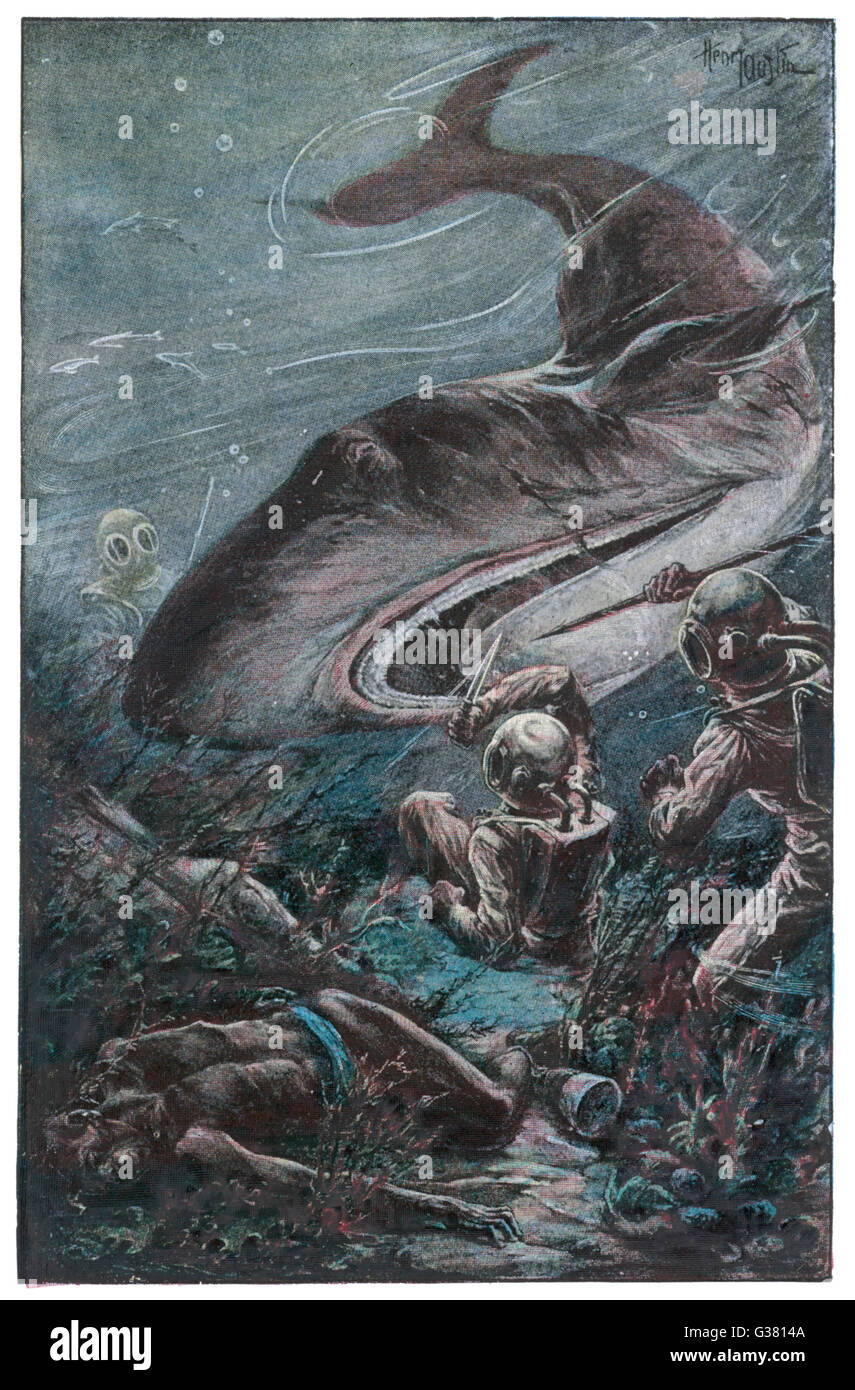 "20 000 lieues SOUS LES MERS' [20 000 lieues sous la mer] Divers attaqué par un requin Date : 1870 Banque D'Images