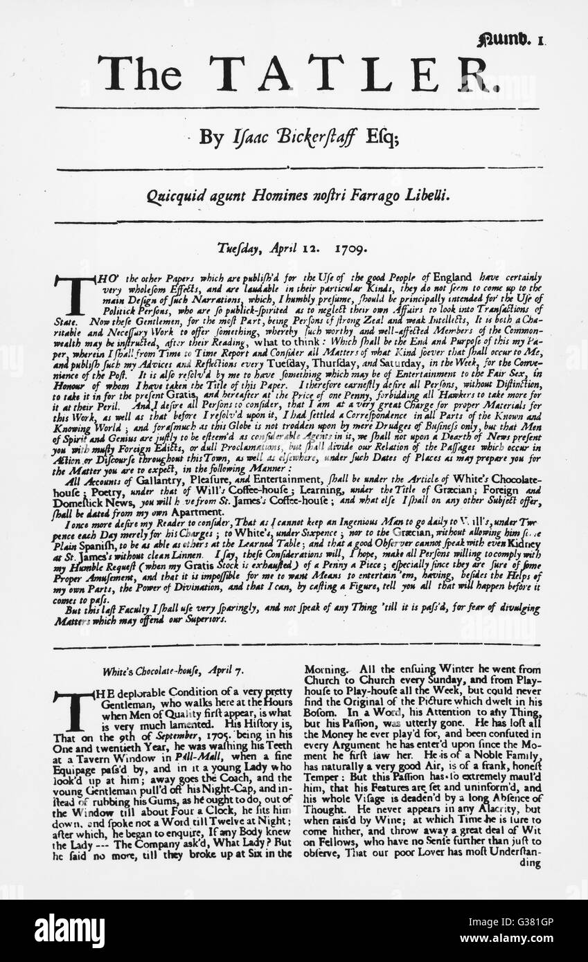 Le TATLER fondée par Richard Steele, Joseph Addison a été l'un des principaux responsables. Le Tatler a été remplacé par le spectateur en 1711. Date : 1709 Banque D'Images