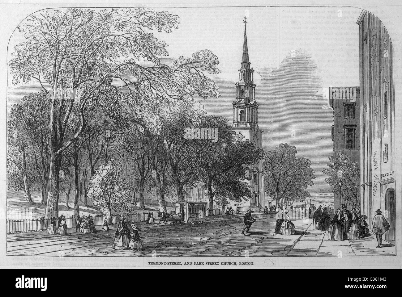 Tremont Street et Park Street Church, Boston Date : 1858 Banque D'Images