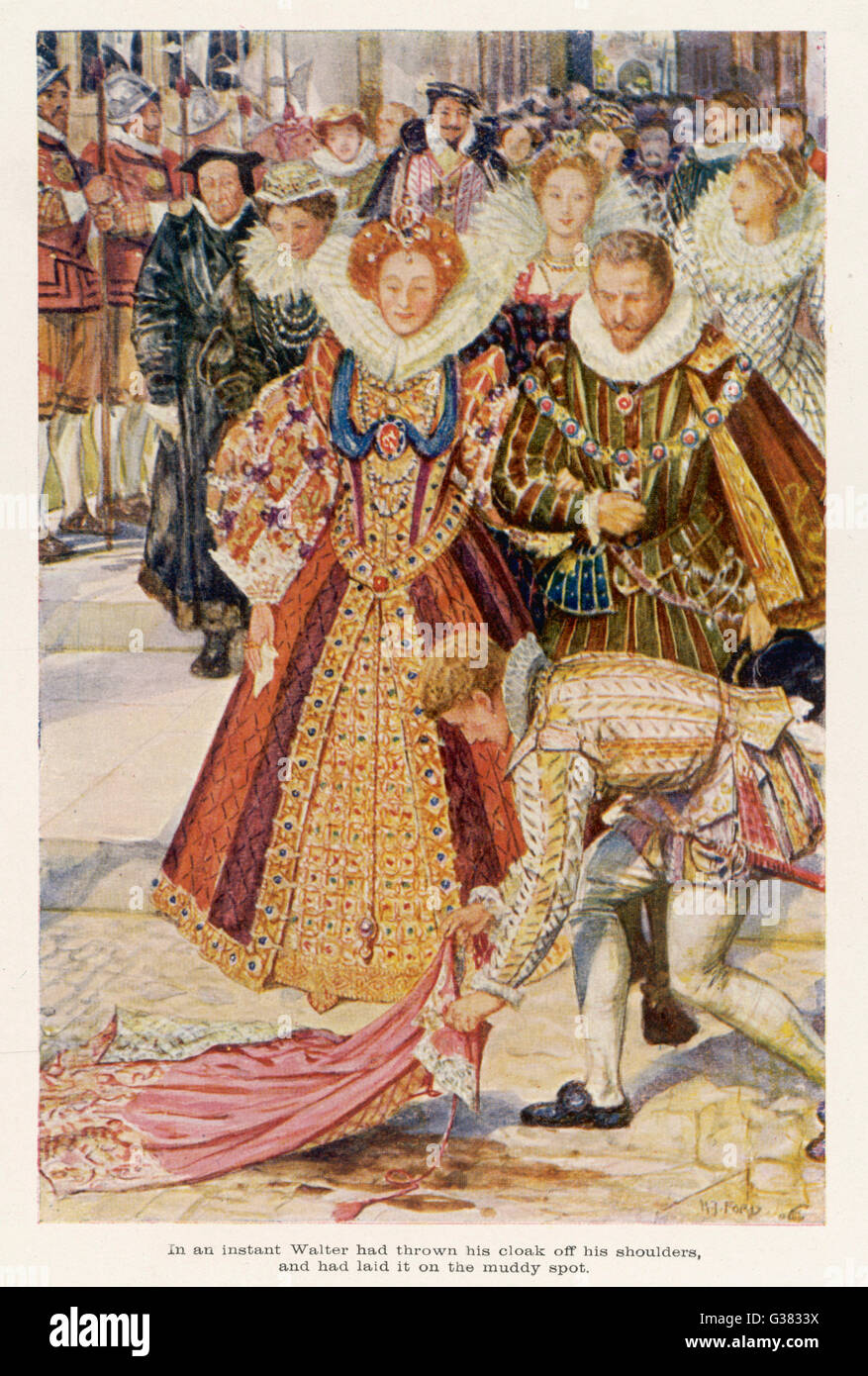 SIR WALTER RALEIGH sacrifie son nouveau manteau de sorte que ses pieds de la reine ne sera pas brouillé. Date : 1554 - 1618 Banque D'Images