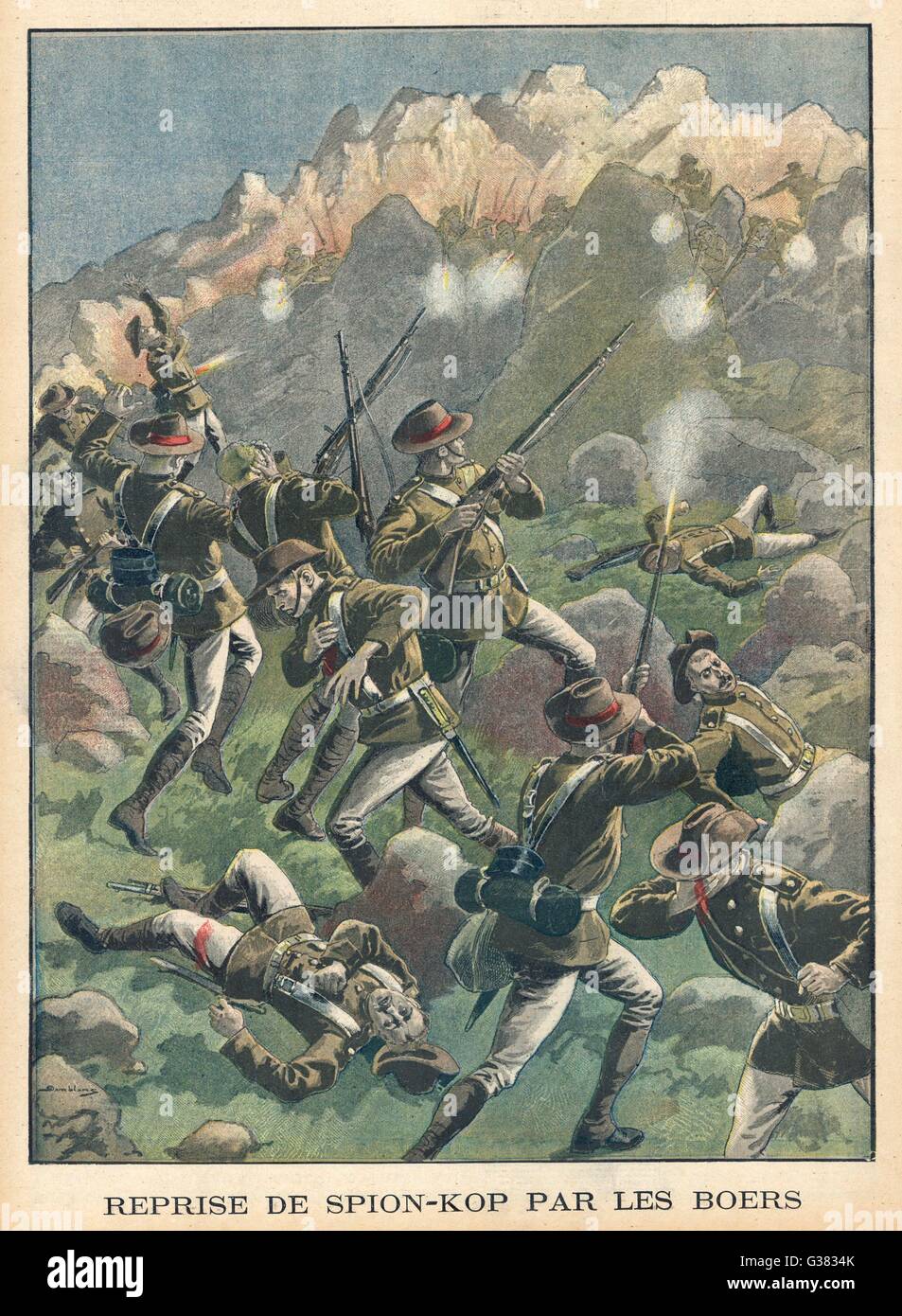 À SPION KOP, Buller et Warren ne parviennent pas à briser les lignes des Boers malgré Spion Kop ; ils ont de se retirer avec de lourdes pertes Date : 19 Janvier 1900 Banque D'Images