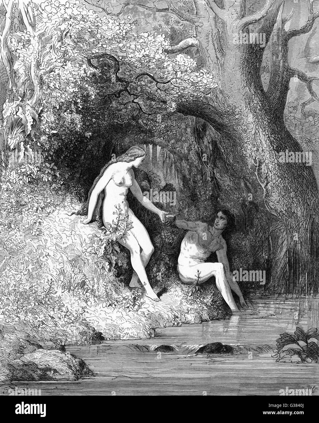 Adam et Eve s'amuser en Eden avant la chute Banque D'Images