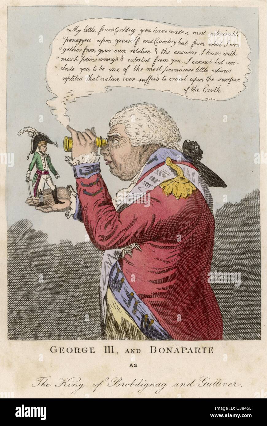 Je caricature de Napoléon Napoléon I avec George III dans un contexte Lilliputian Date : 1769 - 1821 Banque D'Images