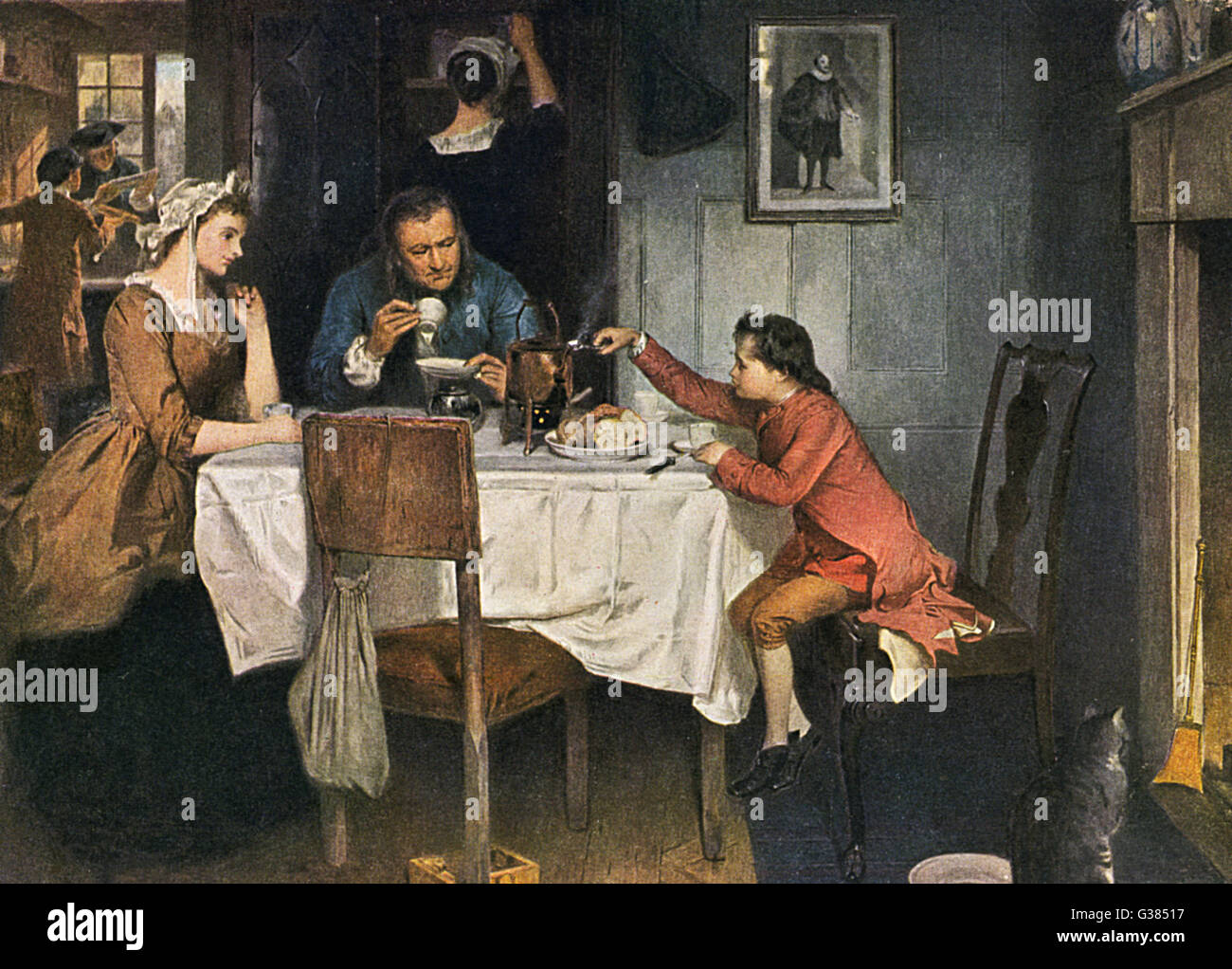 L'ingénieur écossais James Watt, comme un garçon, notant la puissance de la vapeur dans un électrique... Date : 1736 - 1819 Banque D'Images