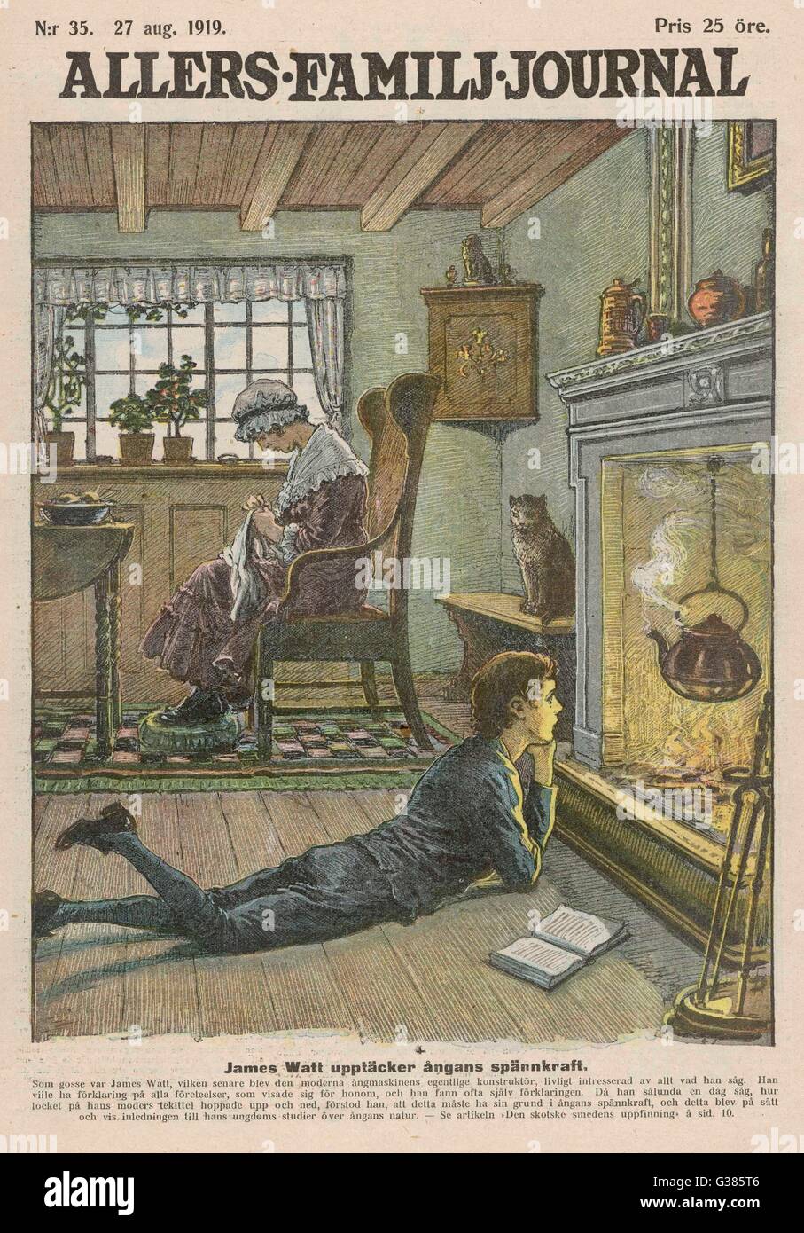 JAMES WATT comme un garçon, il remarque la force de la vapeur dans la famille électrique, et cette pensée lui commence... Date : 1736 - 1819 Banque D'Images