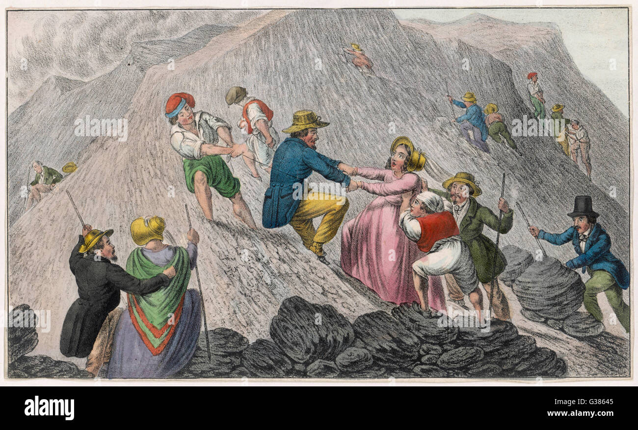 Les touristes sur le Vésuve - ils sont poussés vers le haut du côté de la montagne Date : vers 1840 Banque D'Images