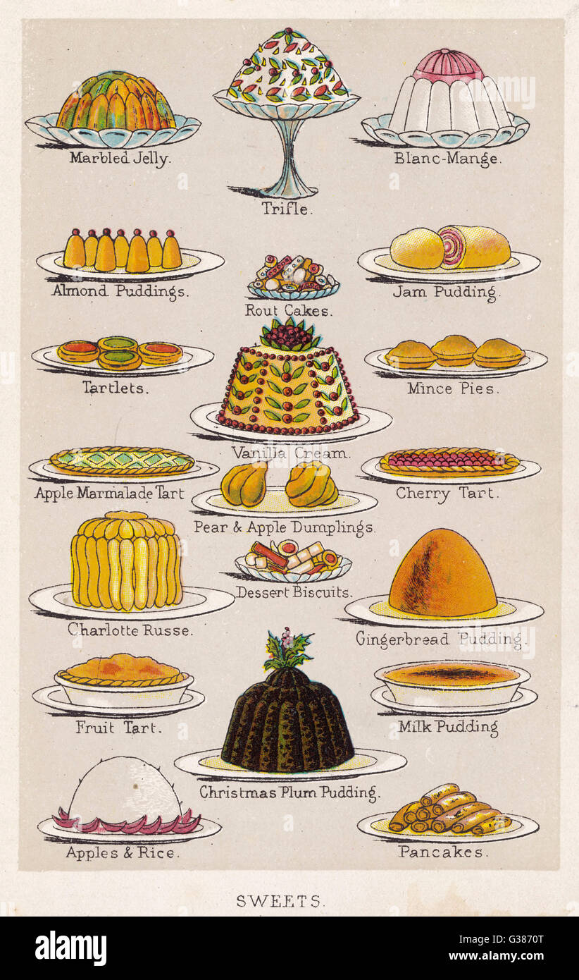 Jelly, blanc-manger, bagatelle, tartes et tartelettes, des poudings, des crêpes, boulettes, biscuits et Plum-pudding de Noël ! Date : vers 1890 Banque D'Images