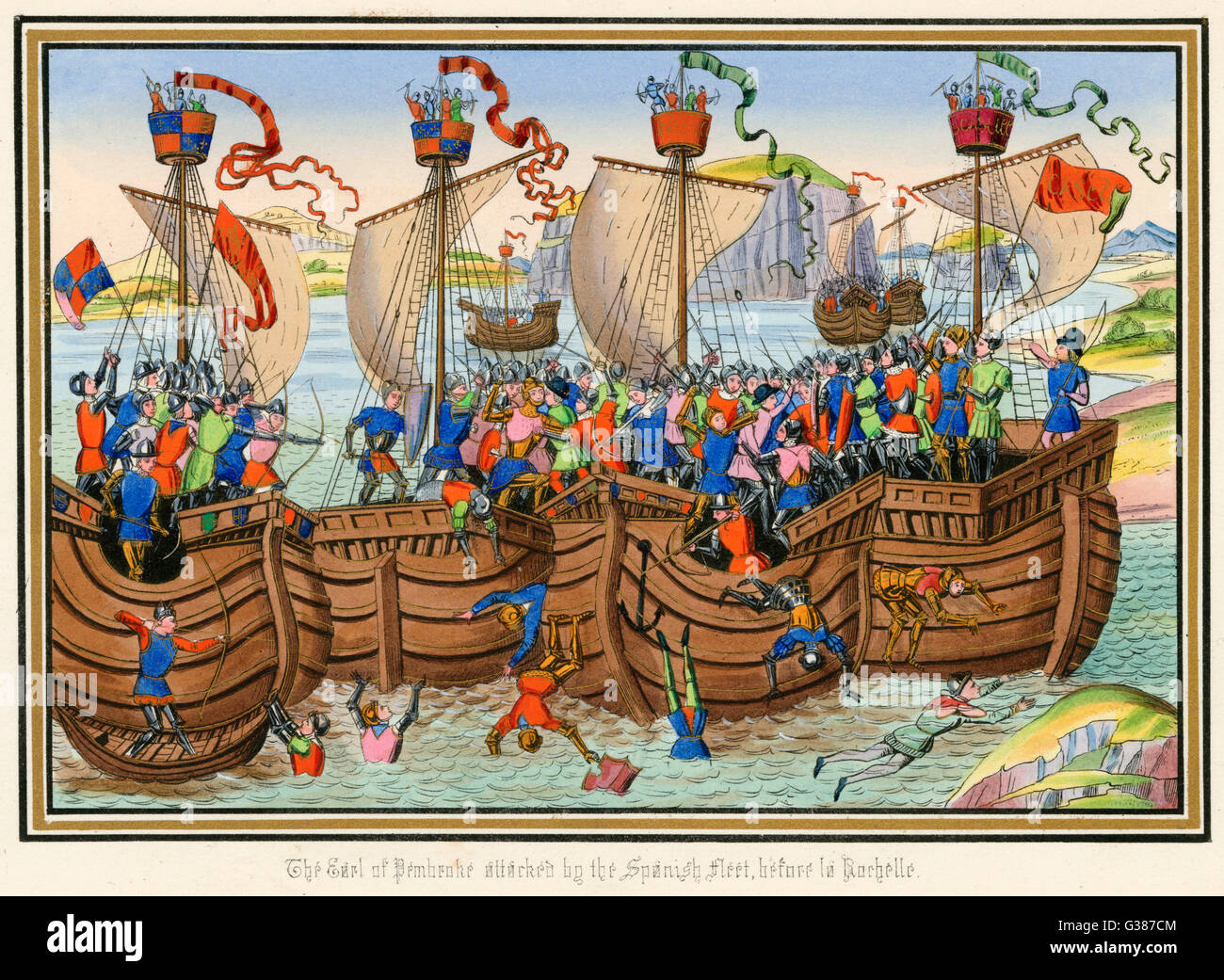 Anglais et Espagnol les navires de guerre de 100 ans : l'expédition du comte de Pembroke est attaqué par la flotte espagnole Date : 1372 Banque D'Images